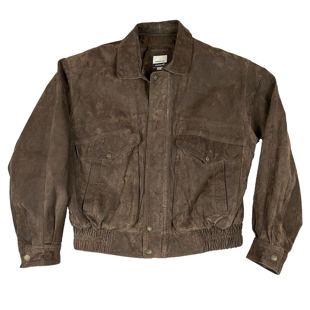 Vintage 90s American Weekend Mens L Brown Suede Leather Bomber Jacket Western